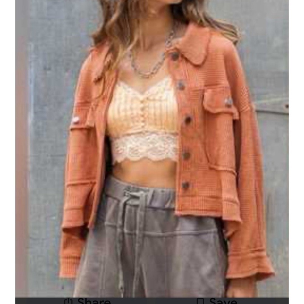 POL Waffle Knit Shacket Top Button Up Boho Oversized Cropped Thermal Small